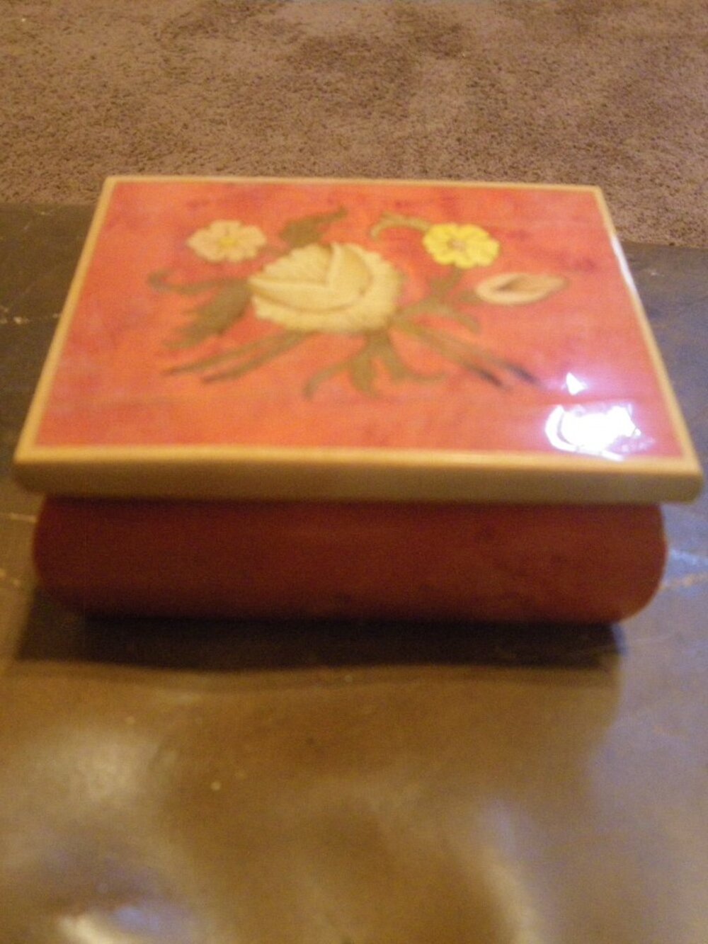Vintage Small Wooden Jewelry Trinket Box w/ Floral Graphics